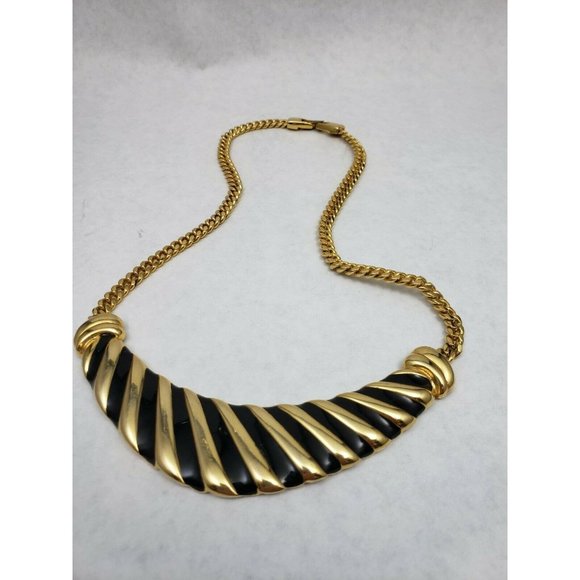 Gold Tone and Black Enamel Bib 18" Long Necklace by Angel Company - Picture 1 of 5